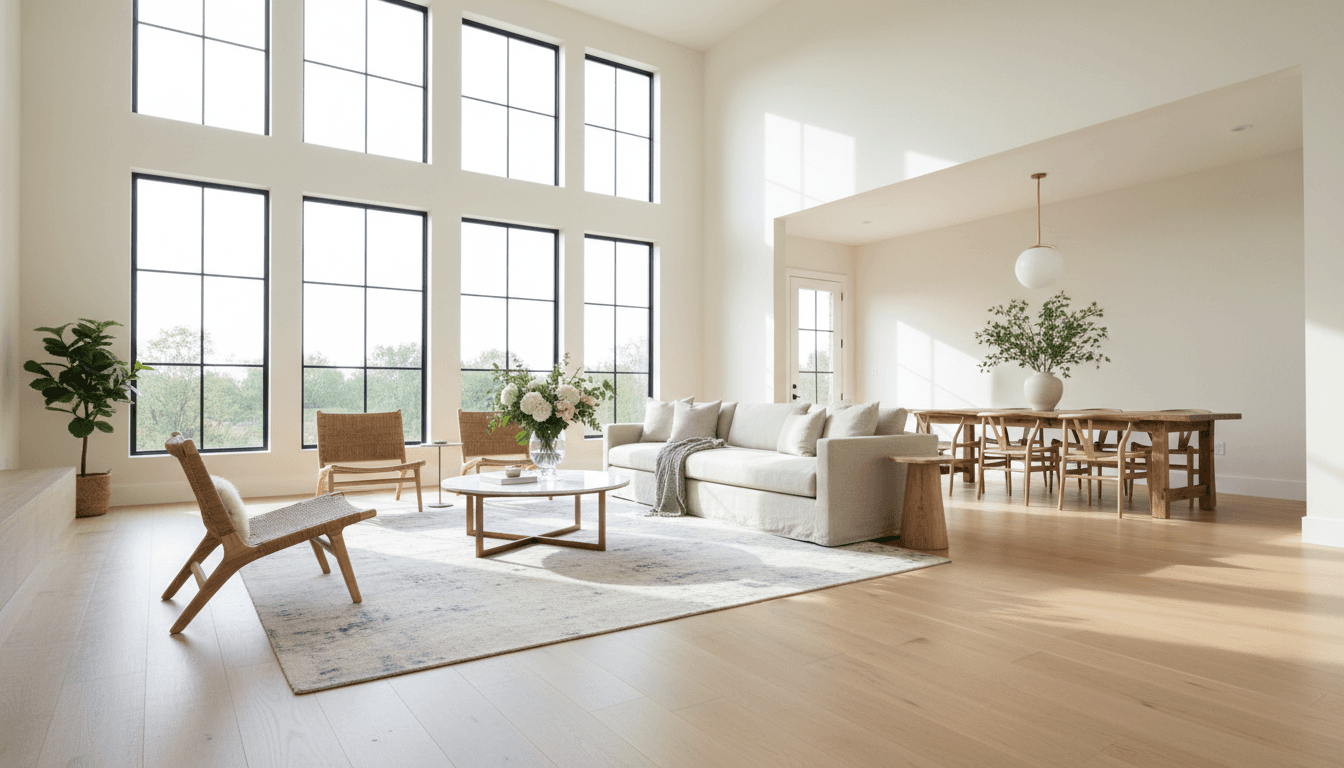 Bright modern living room with fresh flowers and sunlight