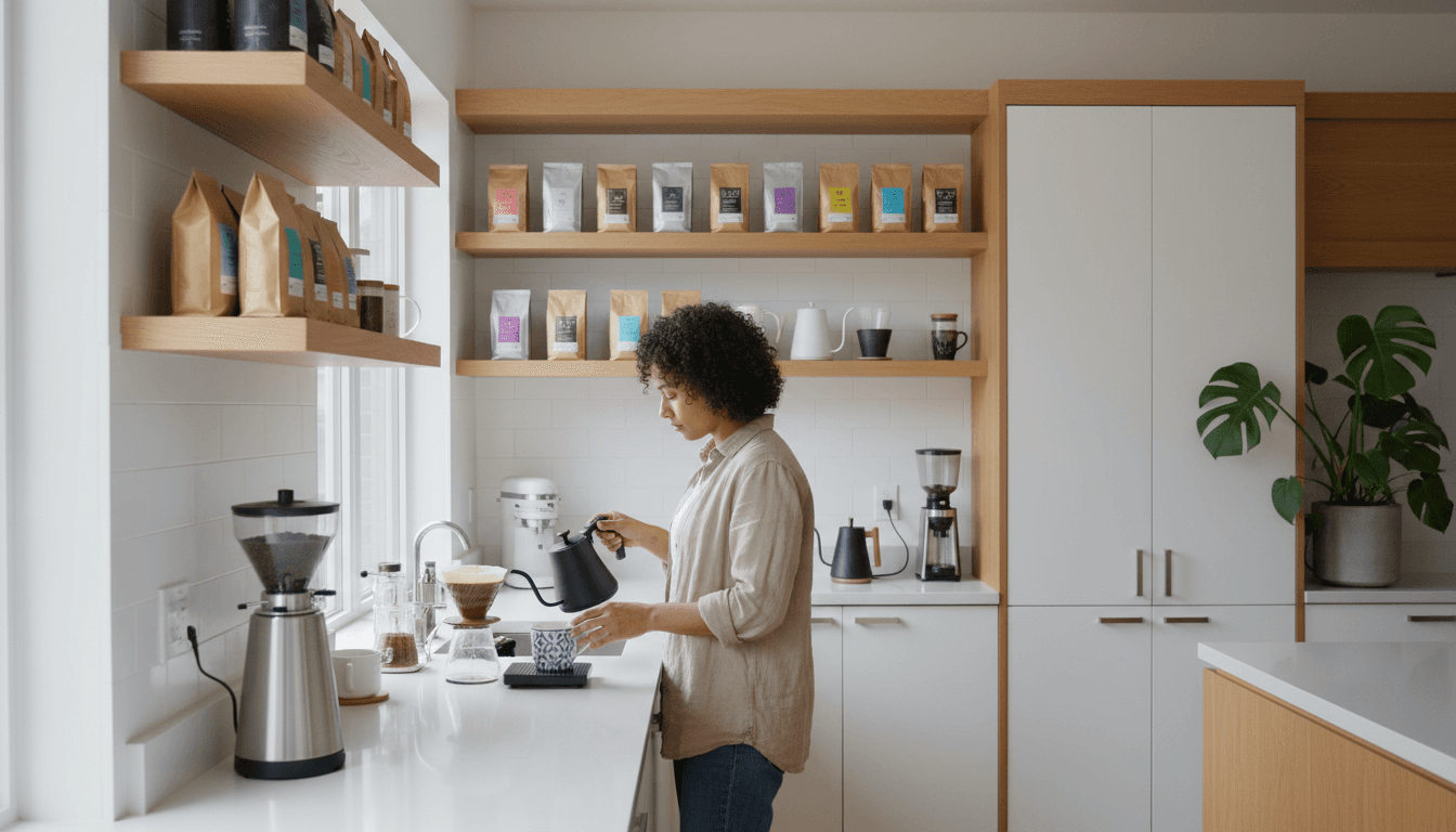 Kitchen counter with a calendar, coffee mug, and a smartphone