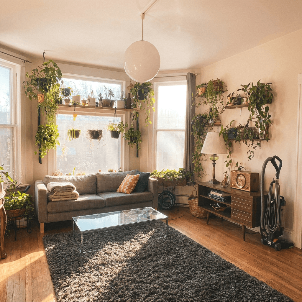 A sunlit, plant-filled living room with a grey sofa, a glass coffee table, and a vacuum cleaner in the corner.